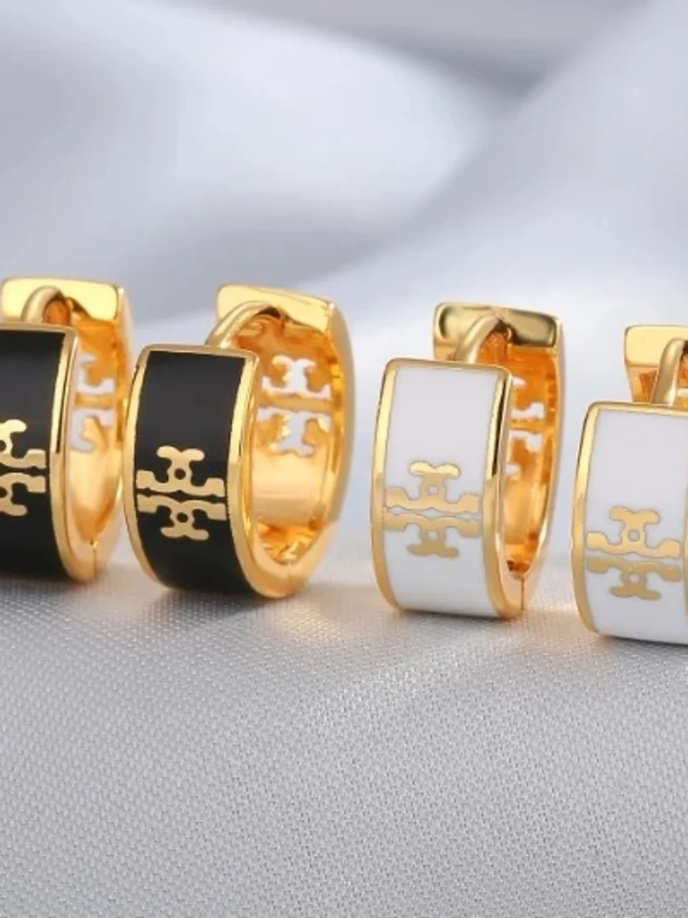 Designer Inspired Gold Hoop Earrings with Black or White Enamel